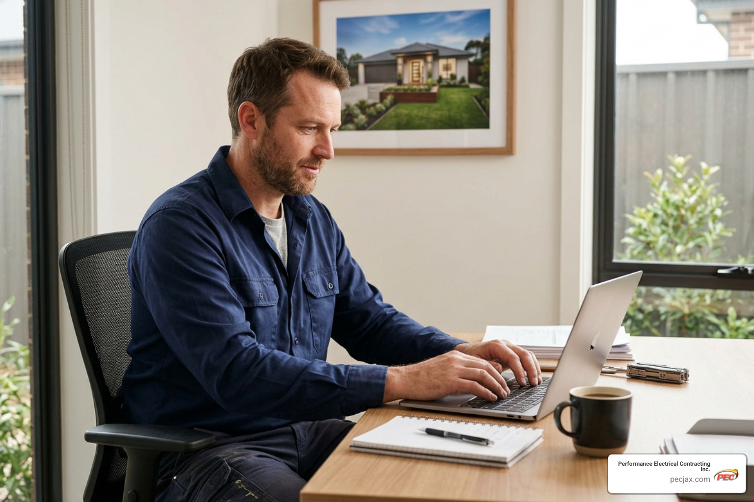 electrician sitting at office desk thoughtfully responding to online customer reviews