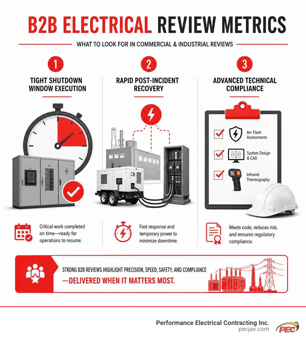 infographic highlighting key B2B electrical review metrics like shutdown compliance and fast-track execution infographic