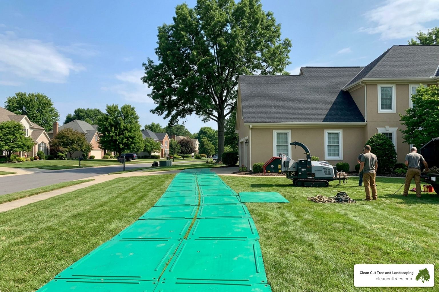 Turf protection mats deployed across residential lawn