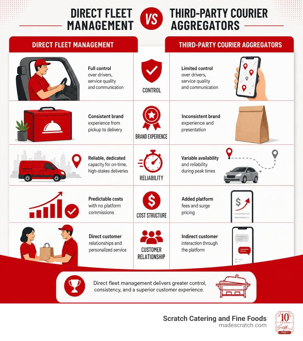 Comparison of direct fleet management vs third-party courier aggregators infographic Comparison of direct fleet management vs third-party courier aggregators infographic