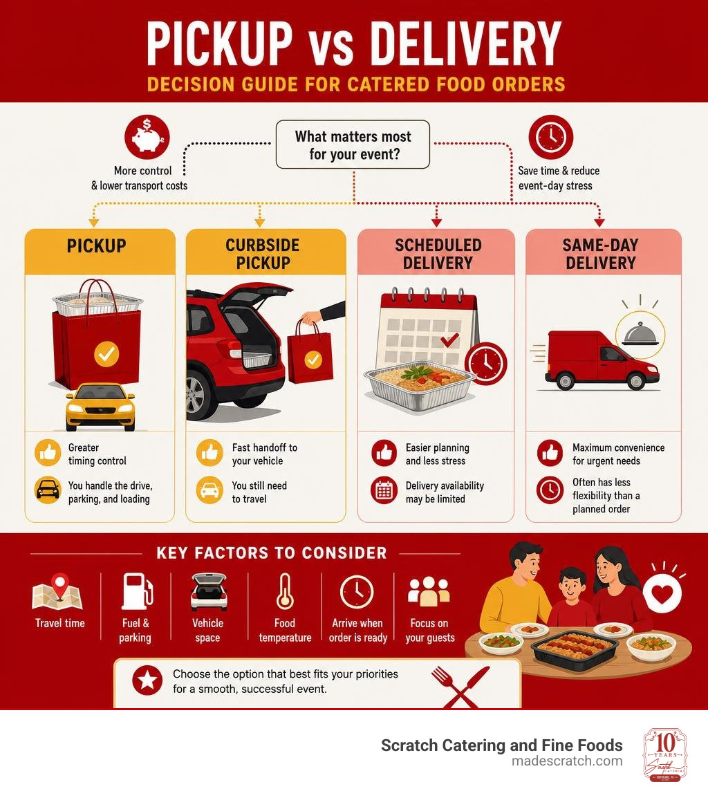 Pickup versus delivery decision guide for catered food orders infographic Pickup versus delivery decision guide for catered food orders infographic
