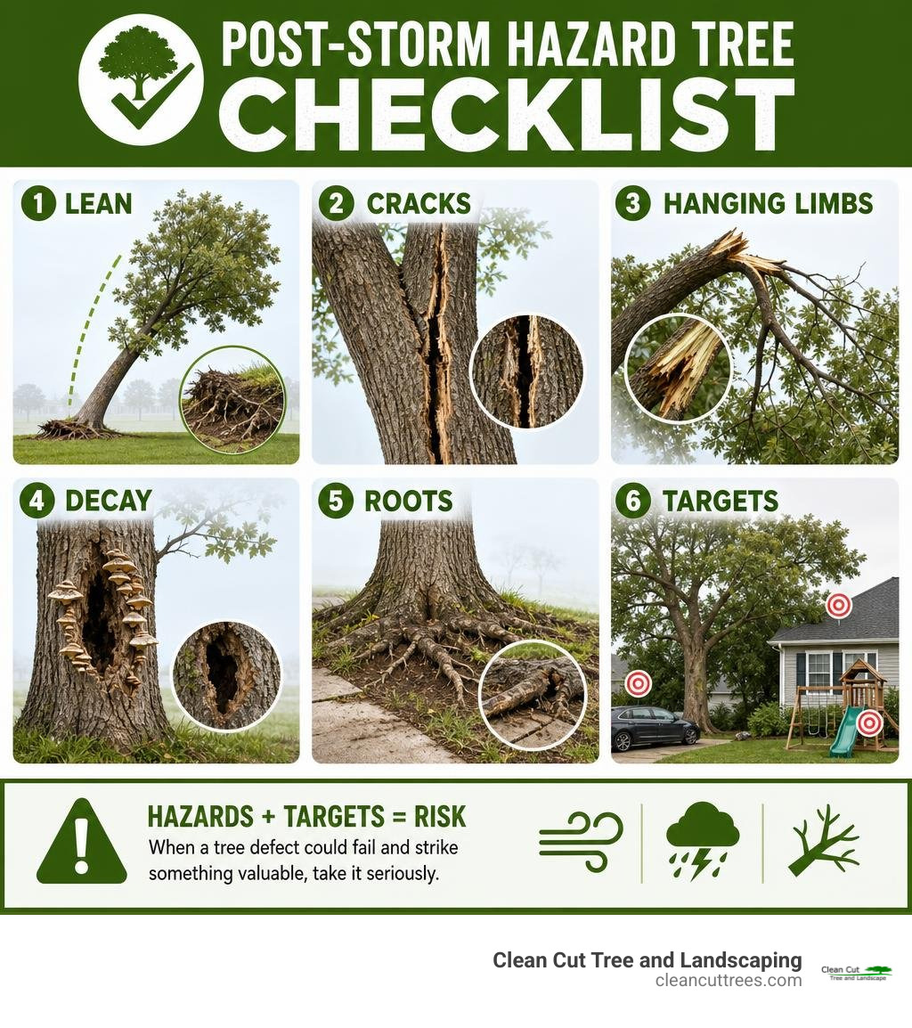 Post-storm hazard tree checklist: lean, cracks, hanging limbs, decay, roots, and targets infographic