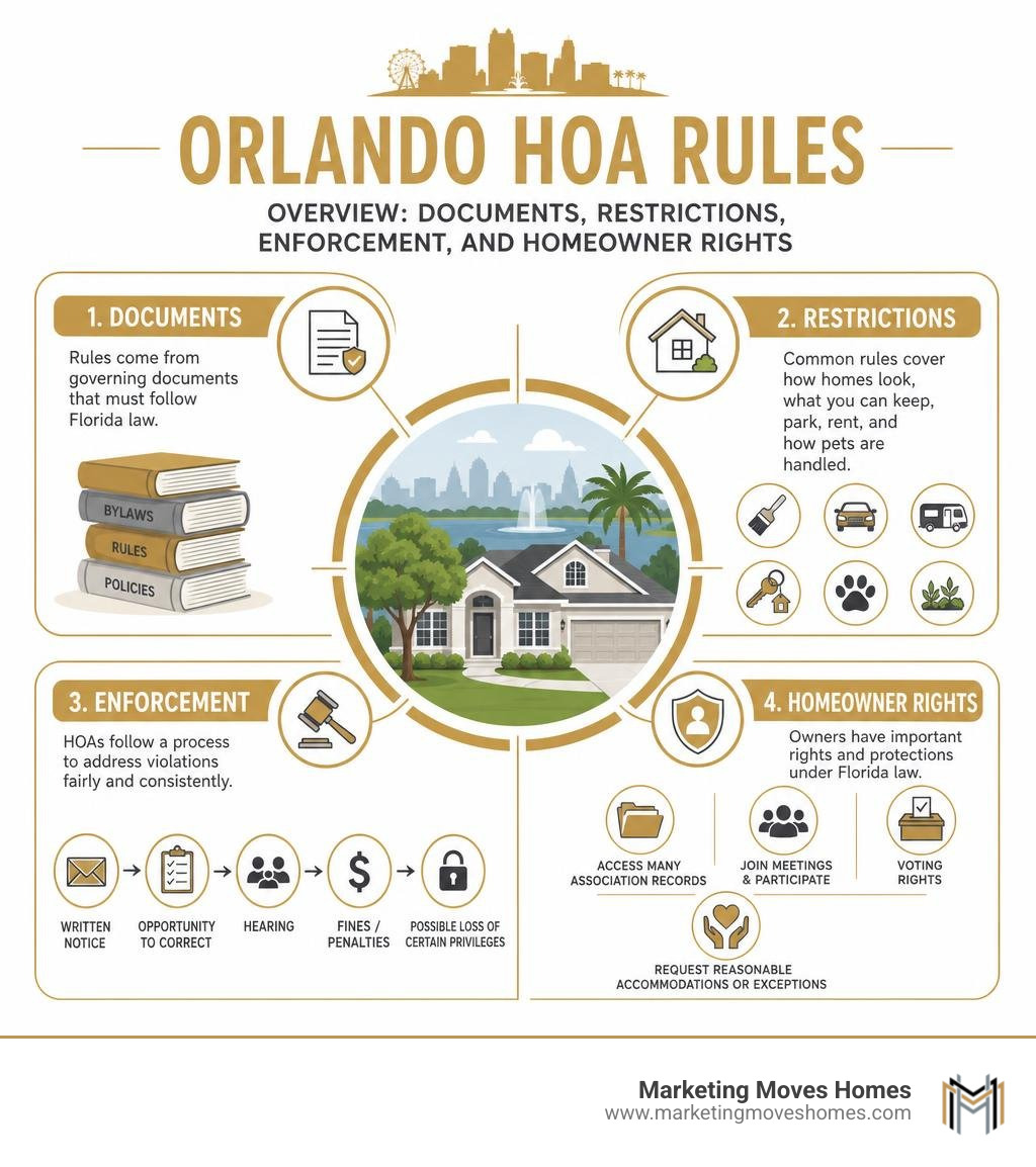 Orlando HOA rules overview: documents, restrictions, enforcement, and homeowner rights infographic