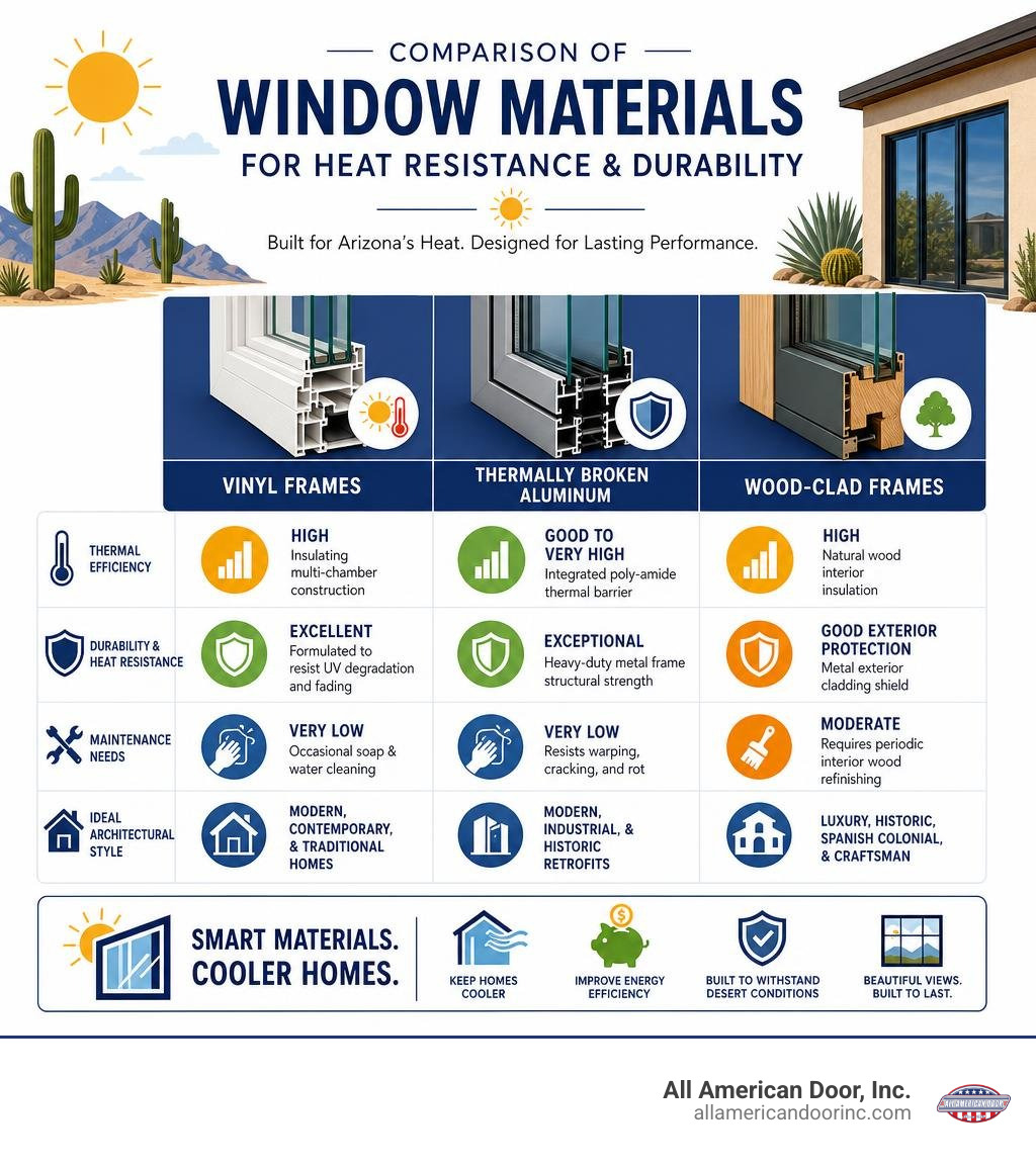 Comparison of window materials for heat resistance and durability infographic Comparison of window materials for heat resistance and durability infographic