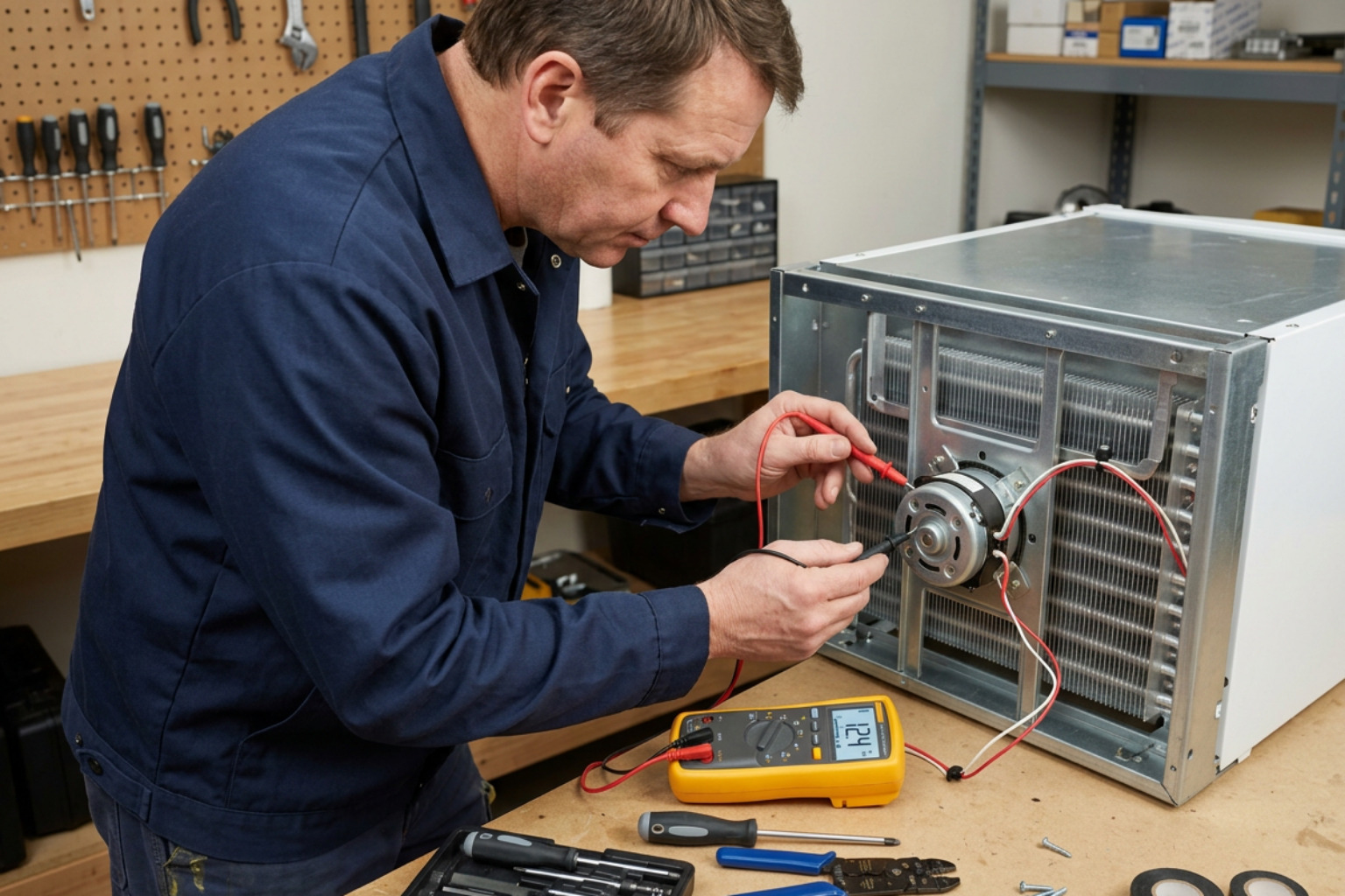 technician testing multimeter on evaporator fan motor