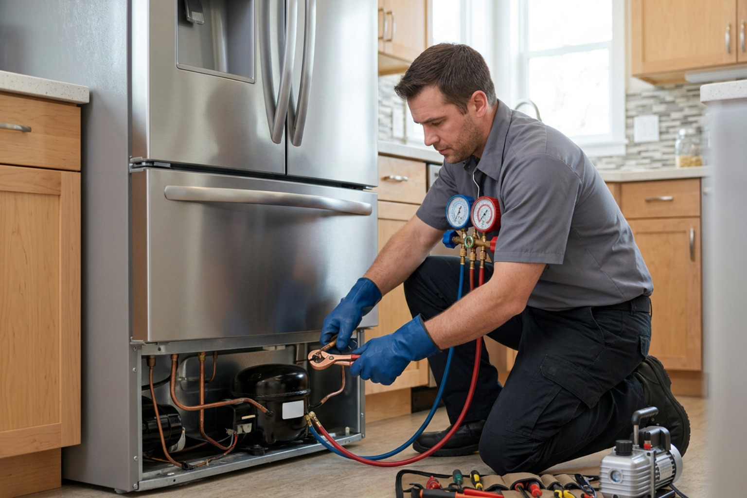 technician working on sealed system compressor