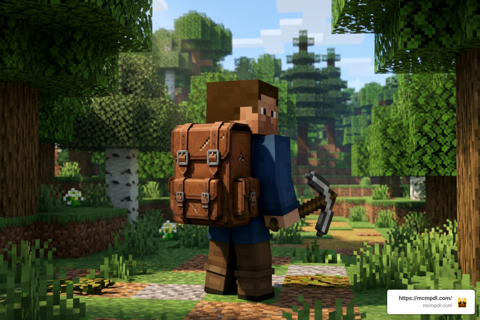 Minecraft player wearing a backpack