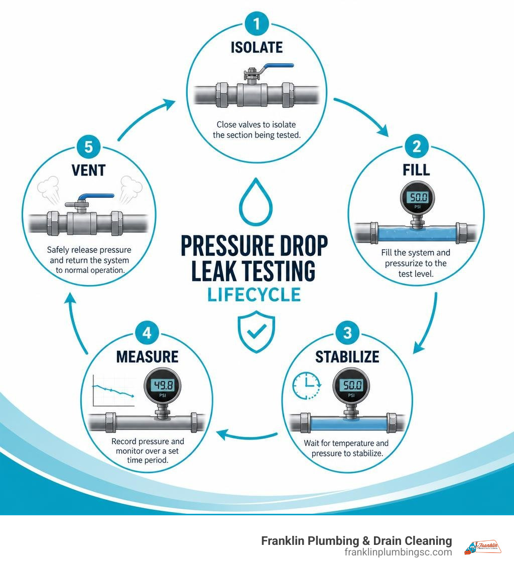 Pressure drop leak testing lifecycle: isolate, fill, stabilize, measure, vent infographic