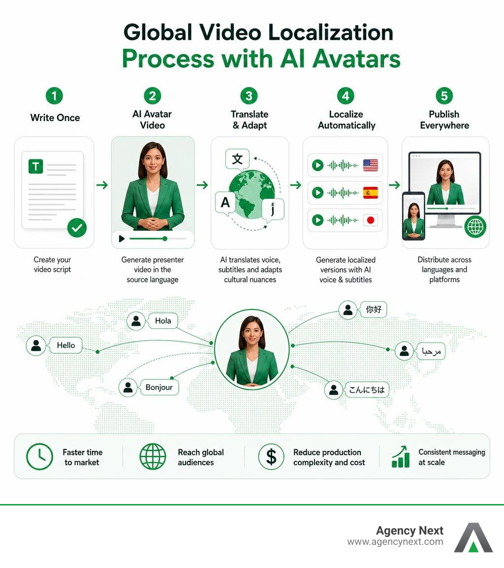 Global video localization process using AI avatars infographic