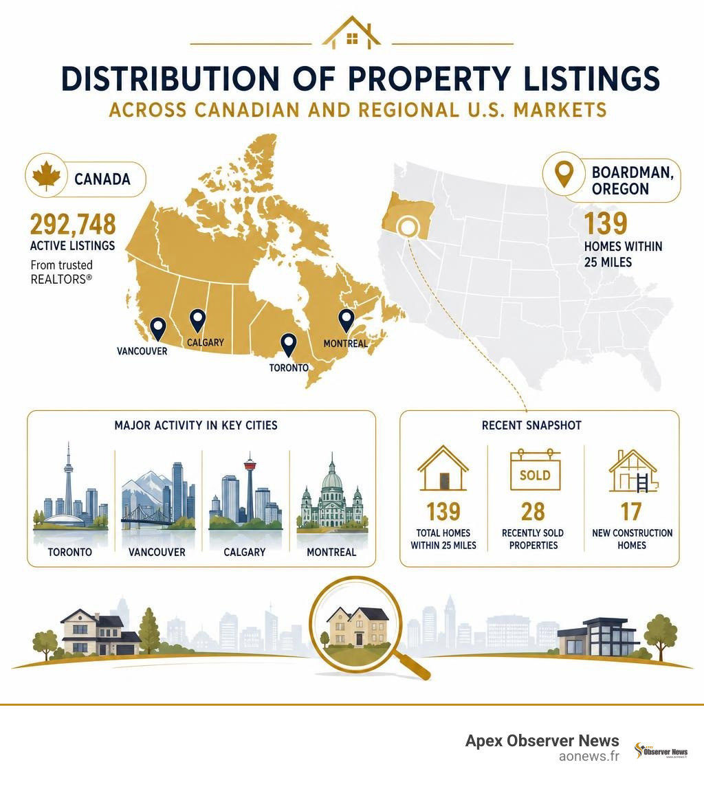 Distribution of property listings across Canadian and regional U.S. markets infographic
