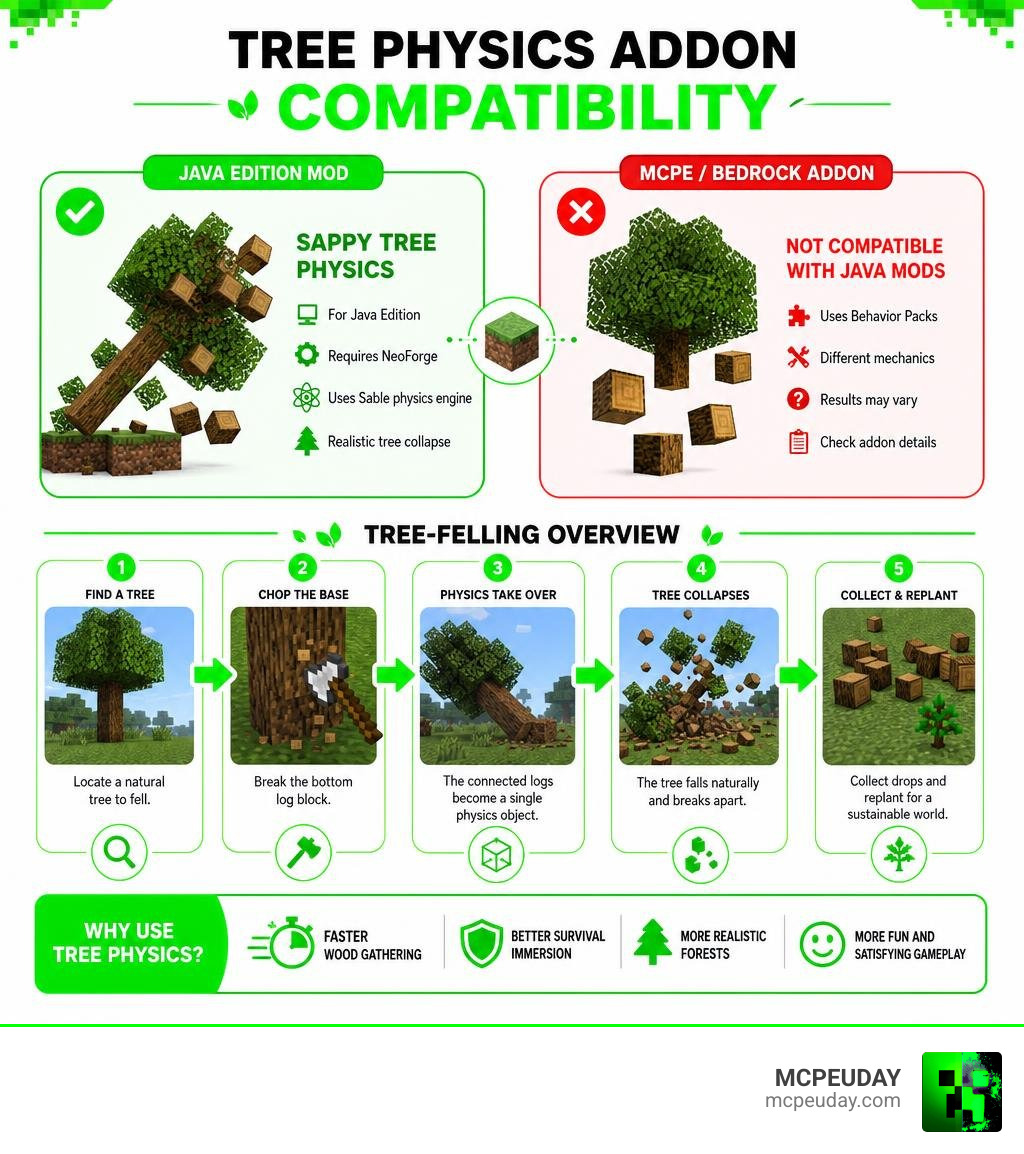Tree physics addon compatibility and tree-felling overview infographic