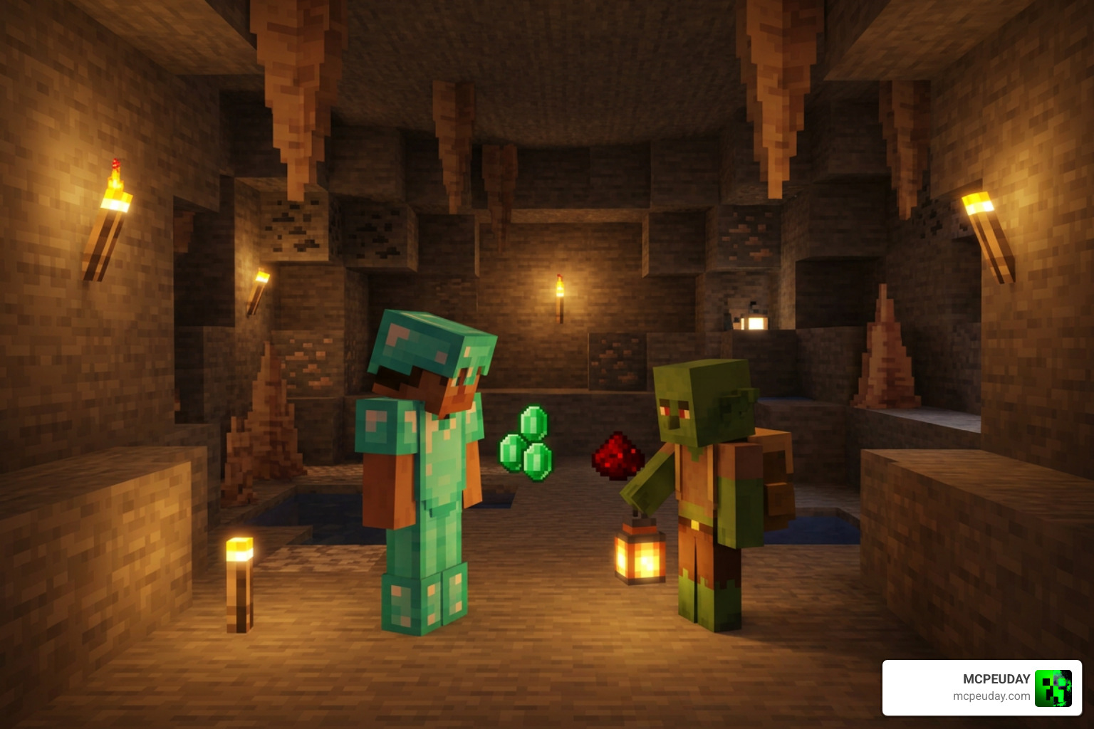 Player trading with a Goblin Trader in an illuminated cavern Player trading with a Goblin Trader in an illuminated cavern