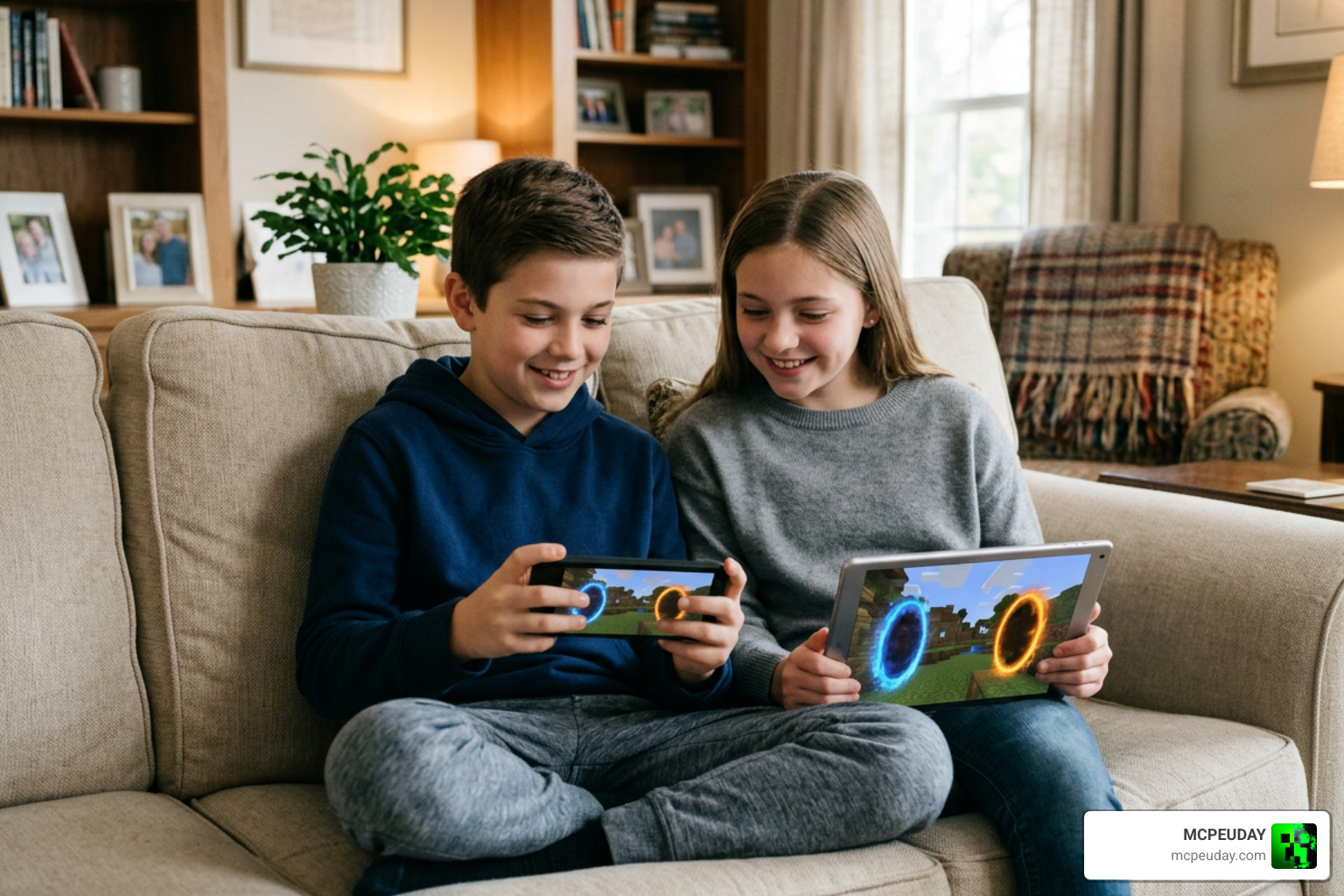 Players solving co-op portal puzzles together in Minecraft PE
