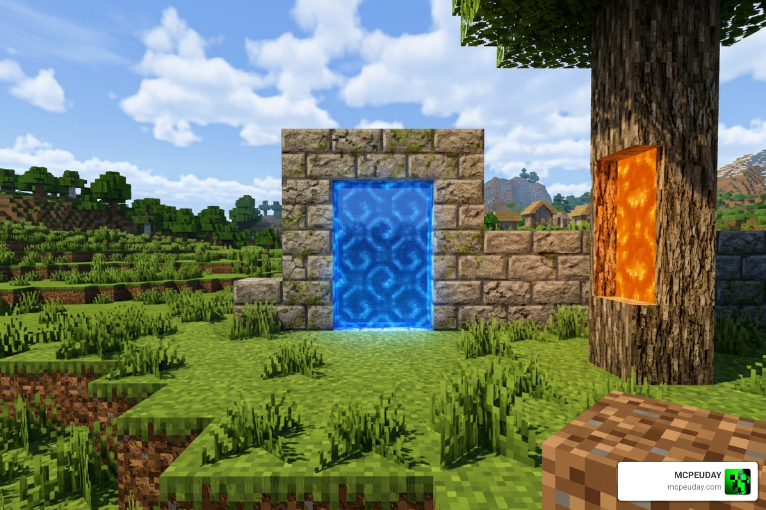 Blue and orange portals active in a Minecraft PE world