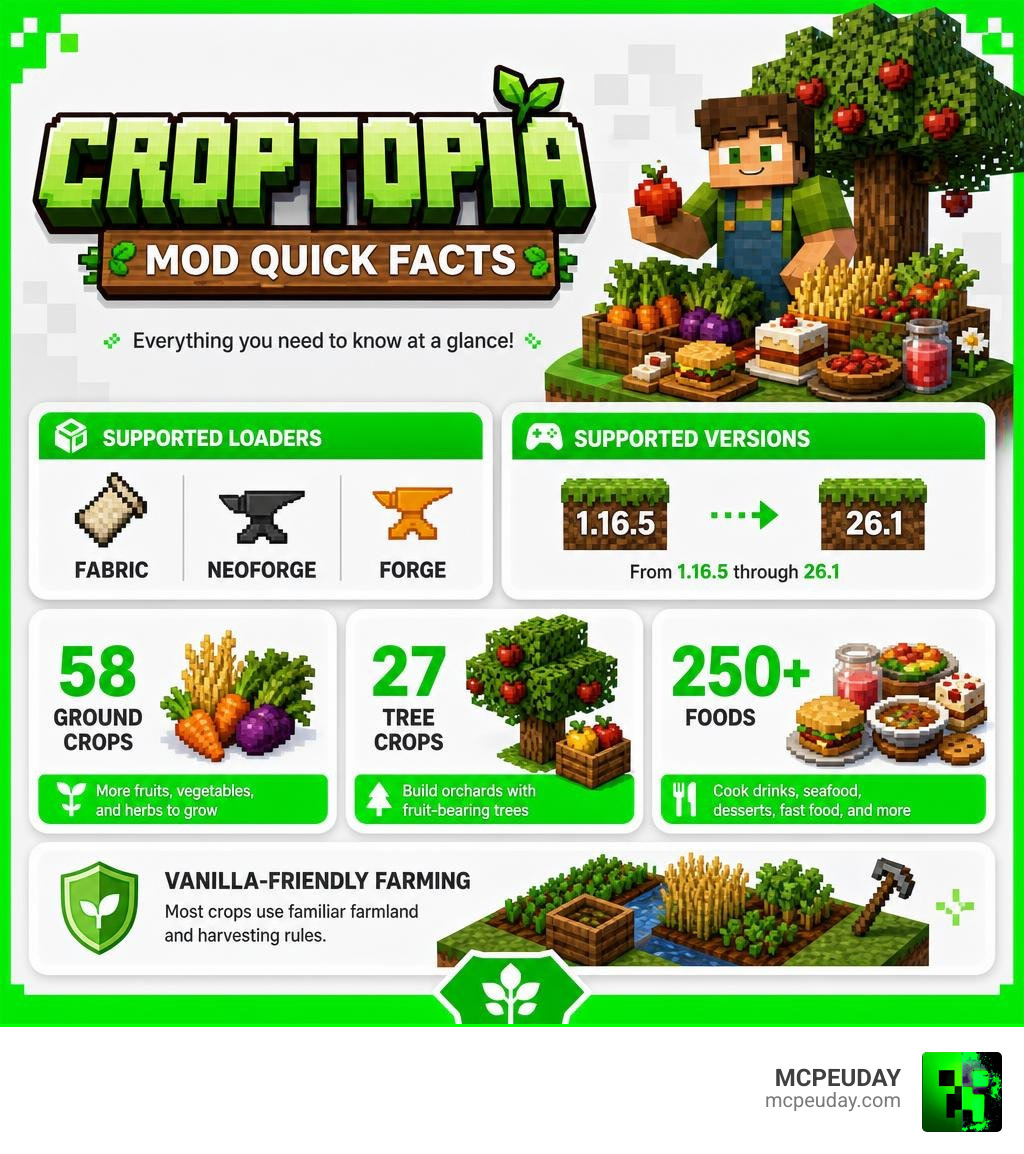 Croptopia Mod quick facts: supported loaders, versions, crops, trees, and foods infographic Croptopia Mod quick facts: supported loaders, versions, crops, trees, and foods infographic