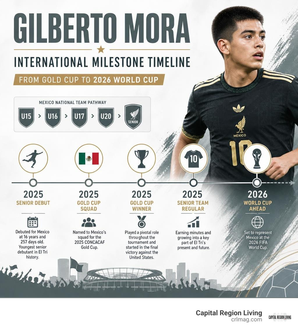 Gilberto Mora international milestone timeline from Gold Cup to 2026 World Cup infographic