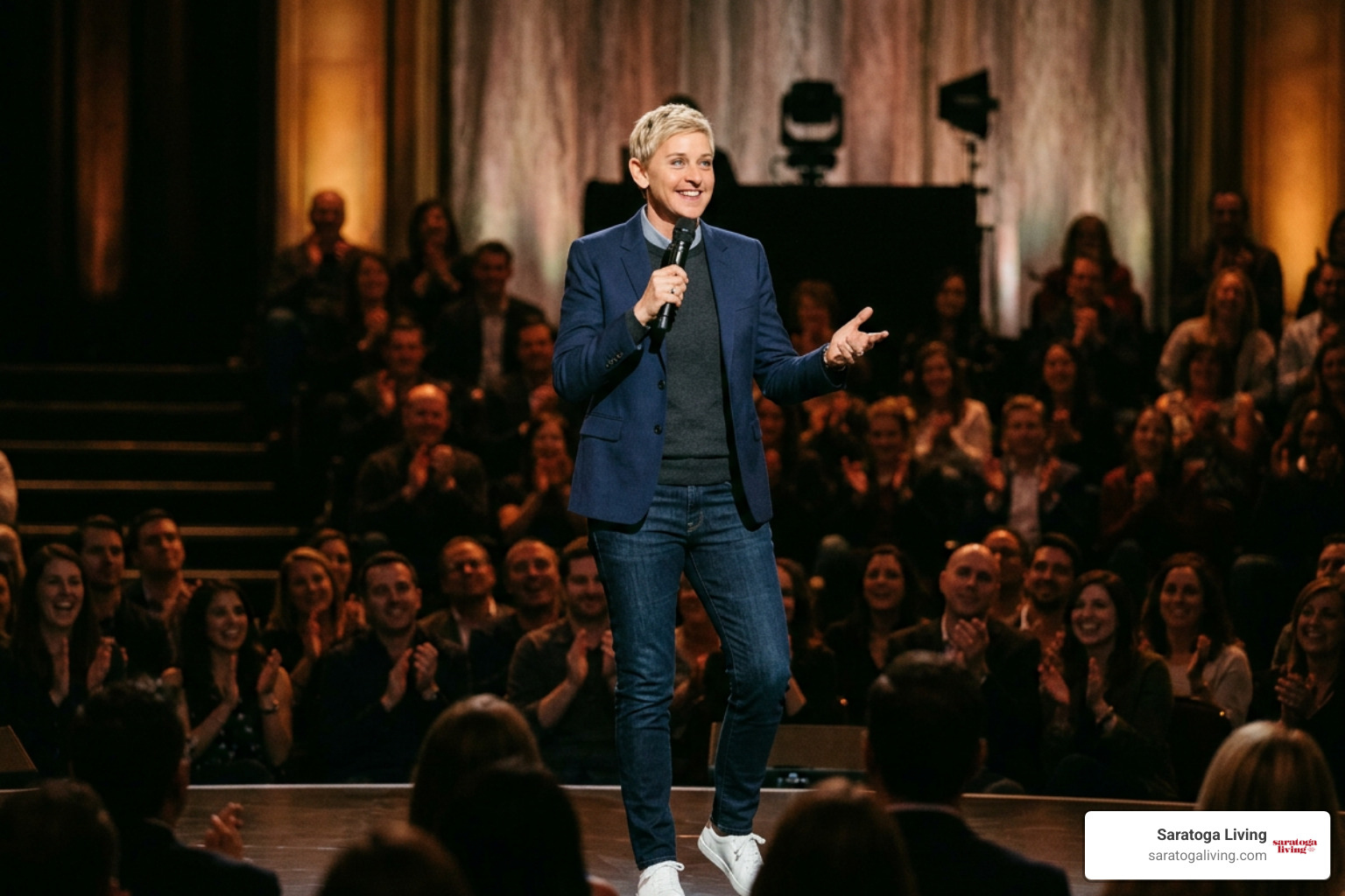 Ellen DeGeneres performing on stage during her stand-up comedy farewell tour