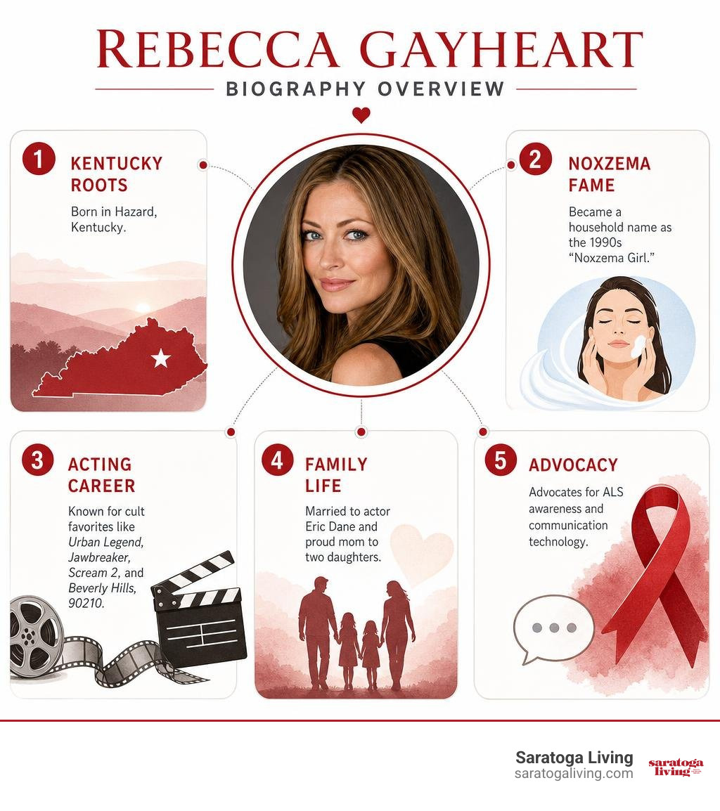Rebecca Gayheart biography overview: Kentucky roots, Noxzema fame, acting, family, advocacy infographic Rebecca Gayheart biography overview: Kentucky roots, Noxzema fame, acting, family, advocacy infographic