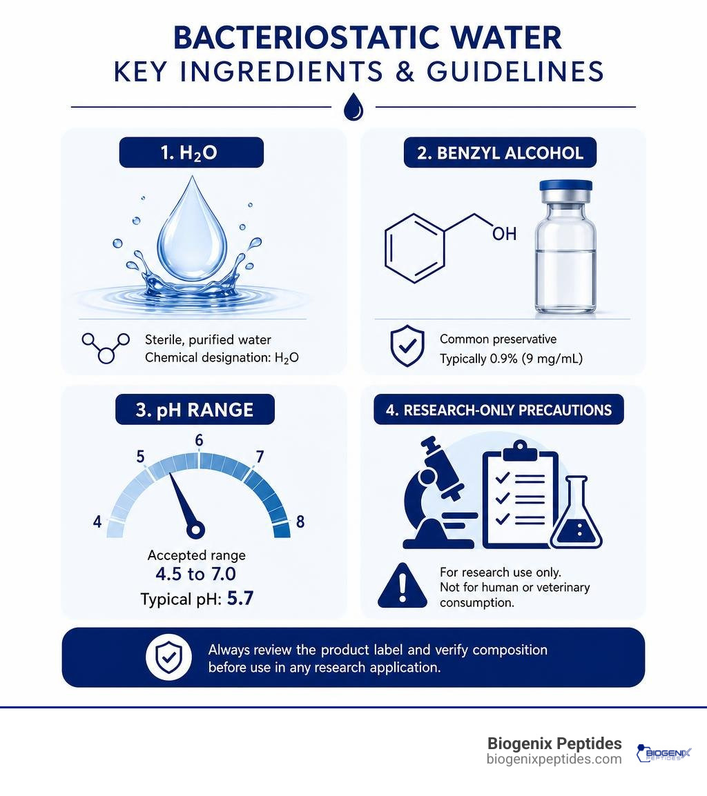 infographic showing H2O, benzyl alcohol, pH range, and research-only precautions infographic