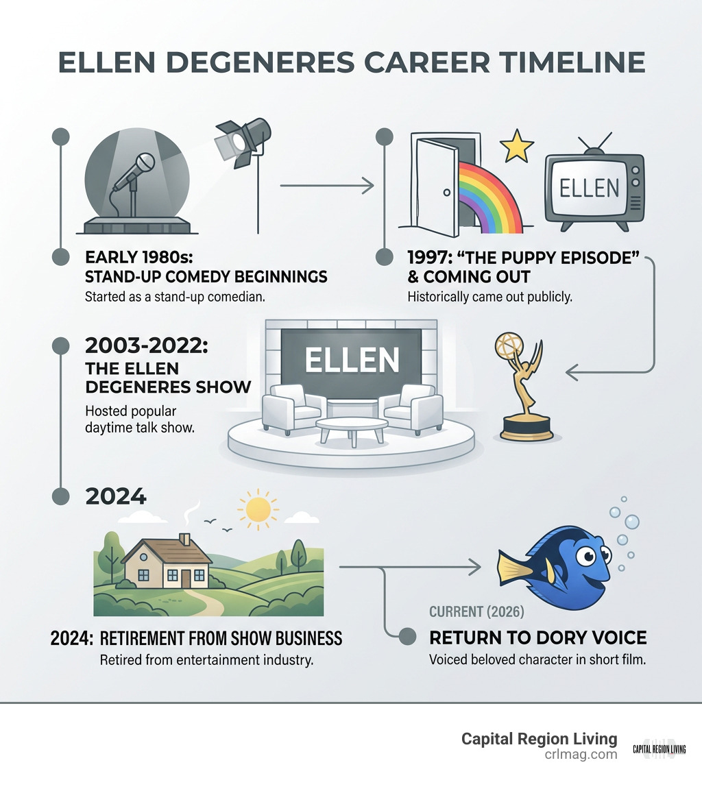 Ellen DeGeneres career timeline: stand-up, 1997 coming out, talk show, retirement, Dory return infographic