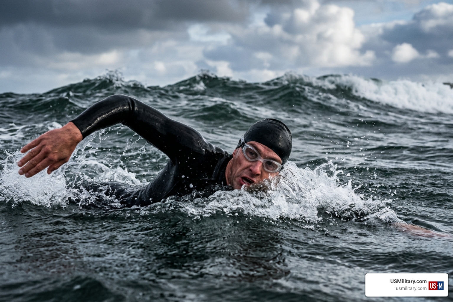Extreme open-ocean cold water swimmer facing rough surf Extreme open-ocean cold water swimmer facing rough surf