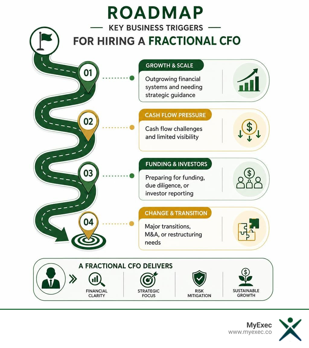 roadmap infographic showing key business triggers for hiring a fractional CFO infographic