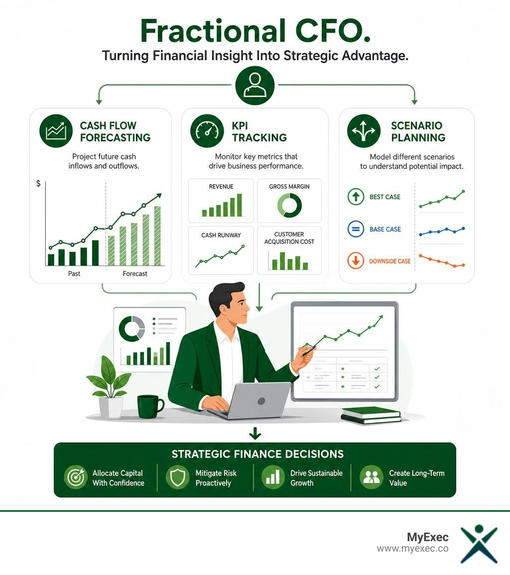Infographic showing a fractional CFO using cash flow forecasting, KPI tracking, and scenario planning to guide strategic
