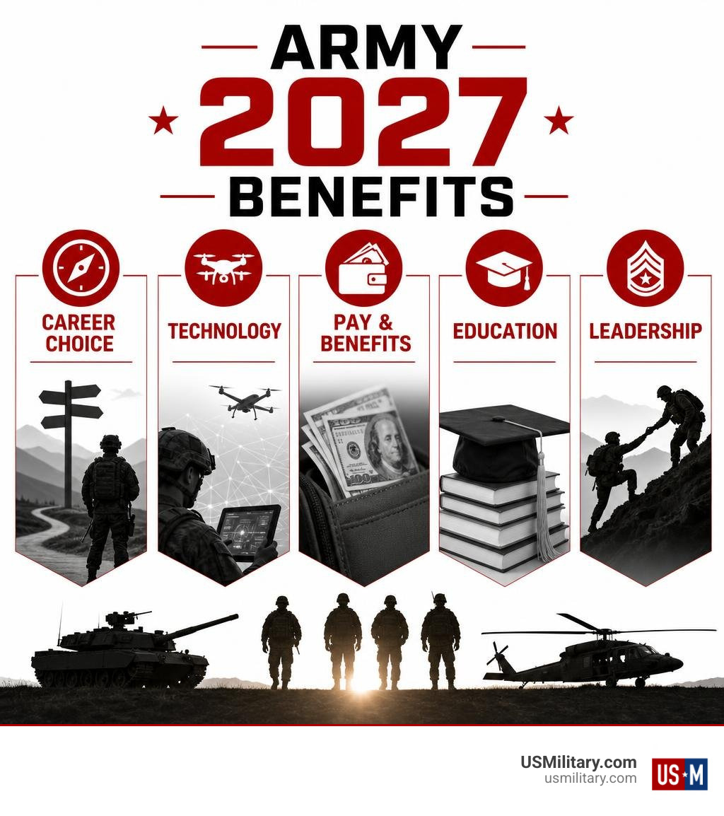 Infographic showing Army 2027 benefits: career choice, technology, pay, education, and leadership infographic Infographic showing Army 2027 benefits: career choice, technology, pay, education, and leadership infographic