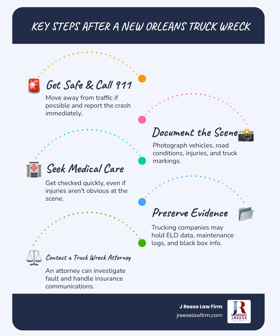 Truck wreck claim steps: safety, evidence, medical care, legal review infographic Truck wreck claim steps: safety, evidence, medical care, legal review infographic