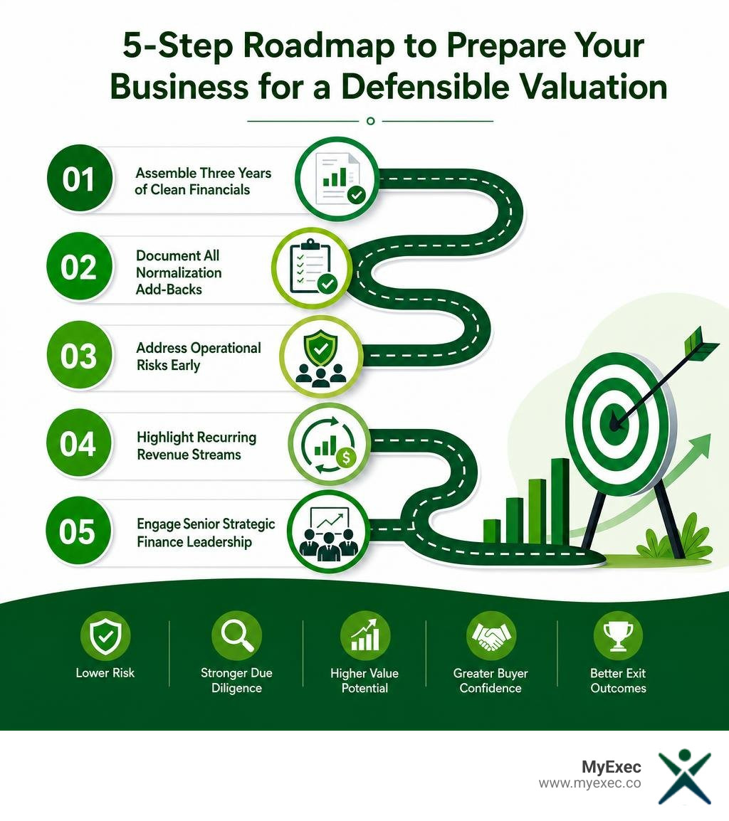 Infographic roadmap showing five steps to prepare a business for a defensible valuation infographic