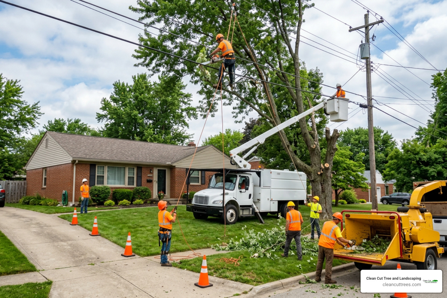 tree removal crew working near power lines in Cincinnati yard tree removal crew working near power lines in Cincinnati yard