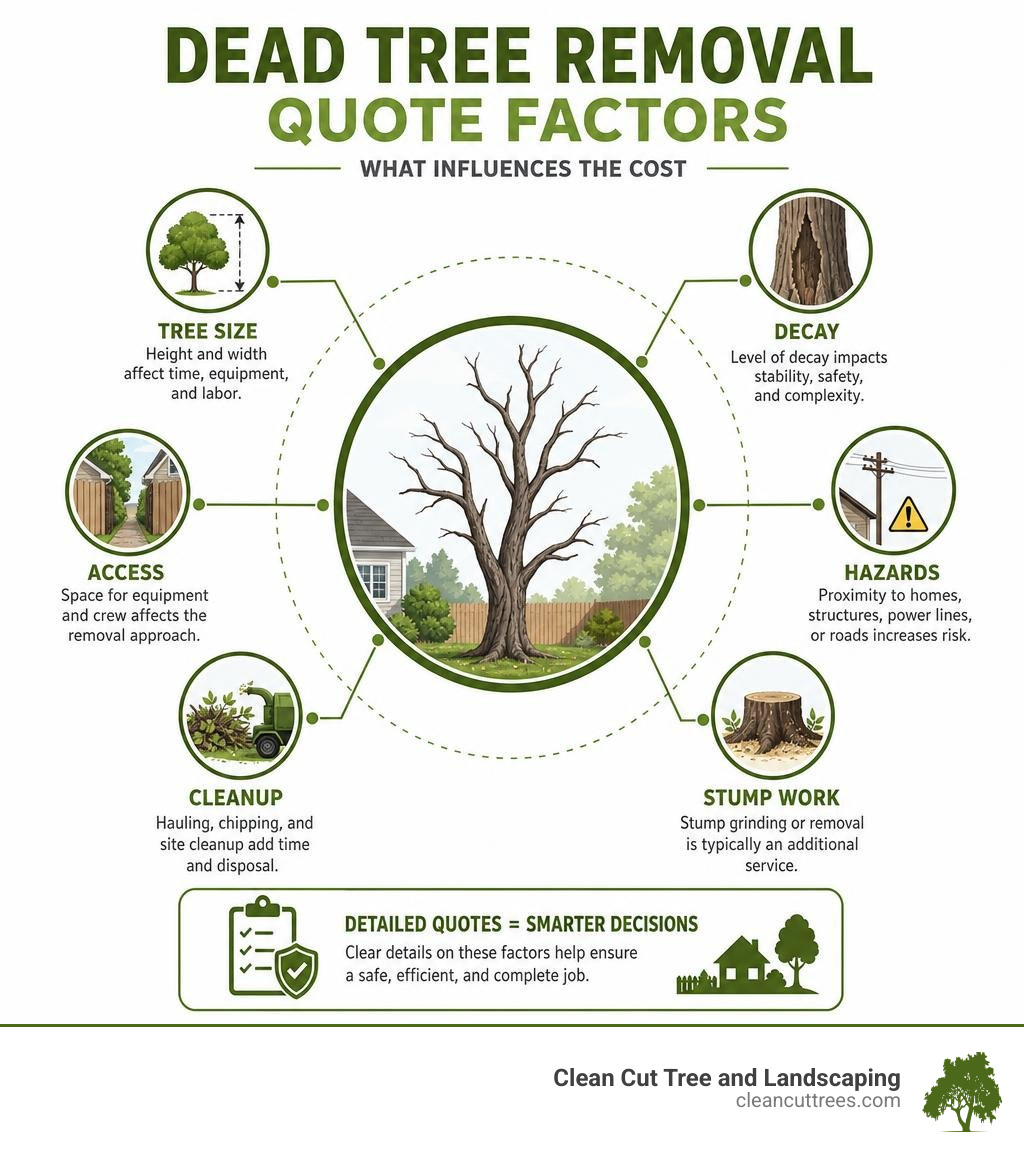 Dead tree removal quote factors: tree size, decay, access, hazards, cleanup, and stump work infographic