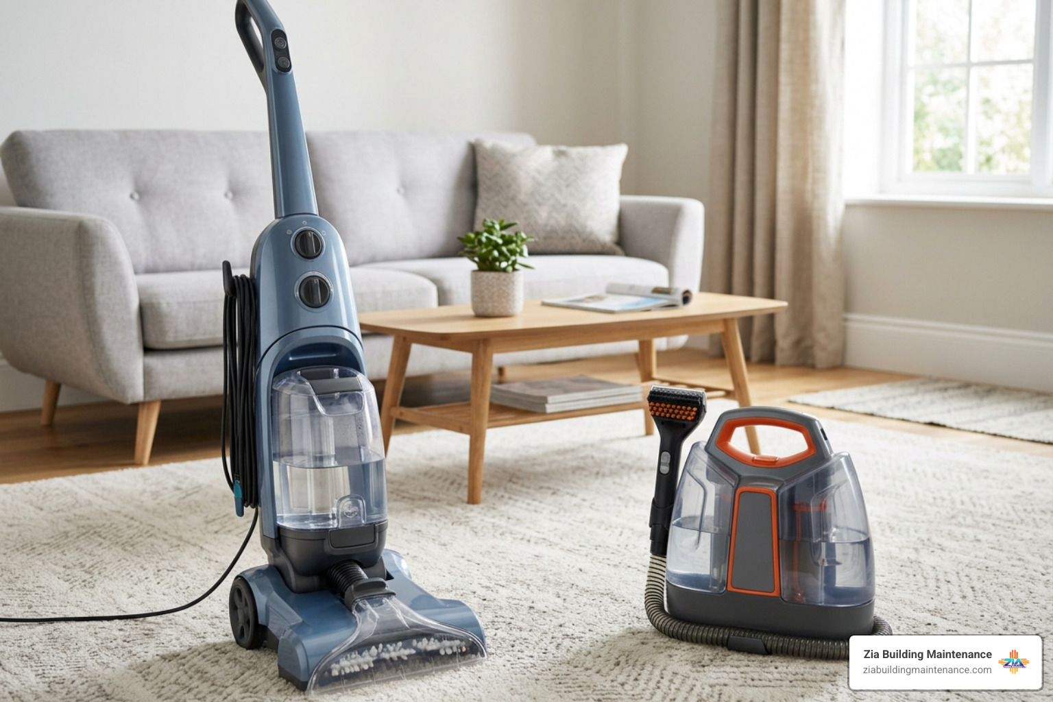 Upright and portable carpet steam cleaners side by side Upright and portable carpet steam cleaners side by side
