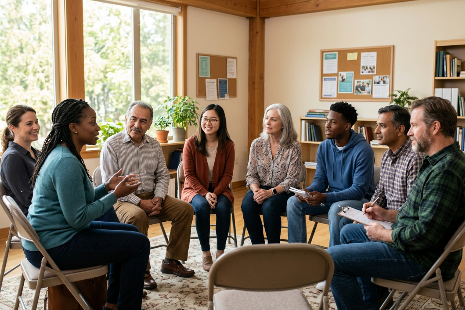 Diverse community members engaging in a supportive workshop environment Diverse community members engaging in a supportive workshop environment