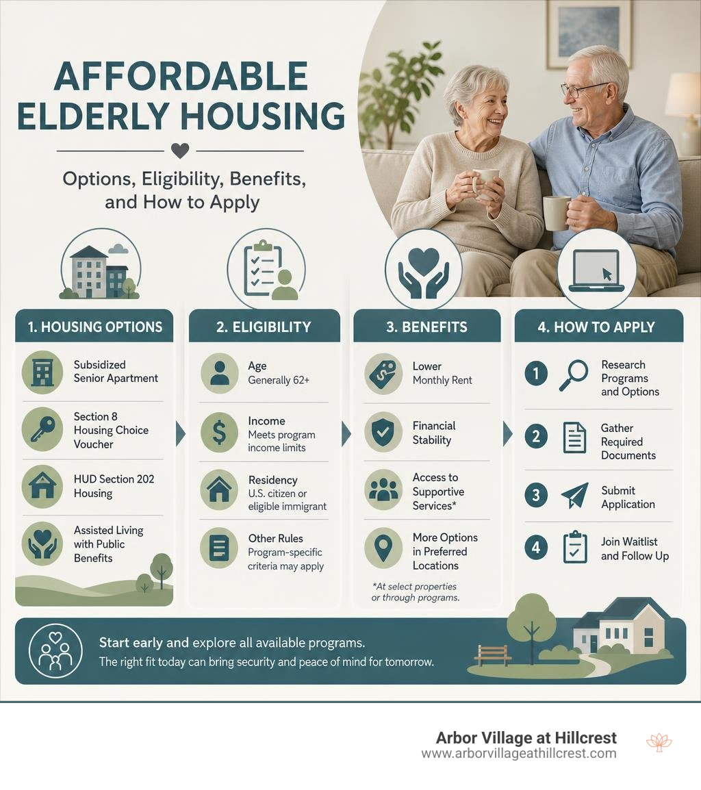 Affordable elderly housing options, eligibility, benefits, and application steps infographic