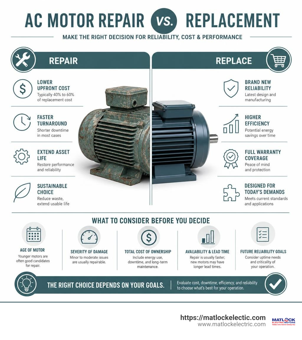 AC motor repair vs replacement decision comparison infographic