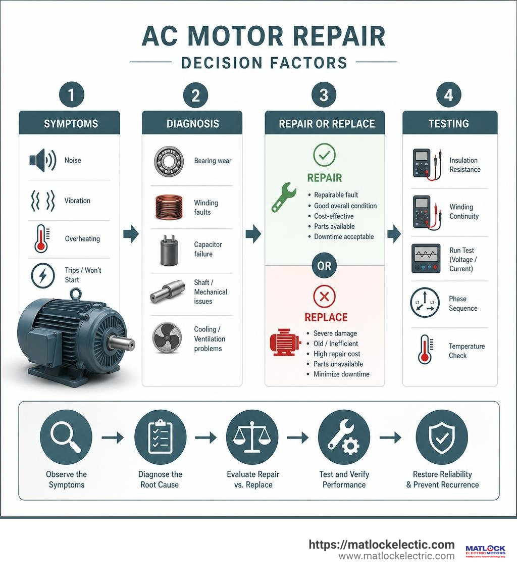 AC motor repair decision factors: symptoms, diagnosis, repair or replace, testing infographic