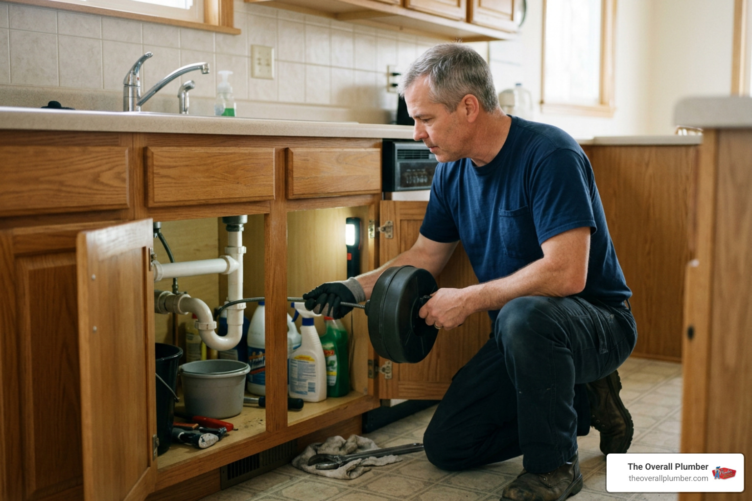 homeowner using drum snake on kitchen drain homeowner using drum snake on kitchen drain