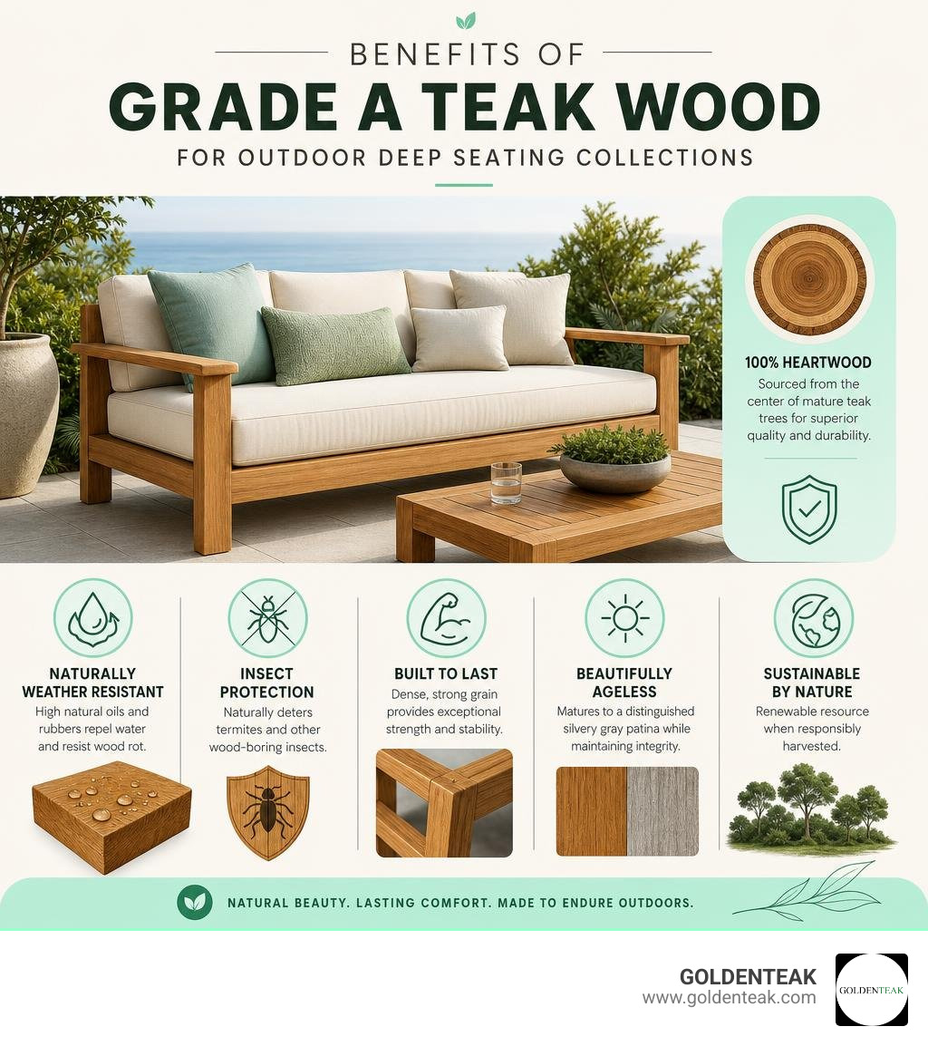 Benefits of Grade A teak wood for outdoor deep seating collections infographic Benefits of Grade A teak wood for outdoor deep seating collections infographic