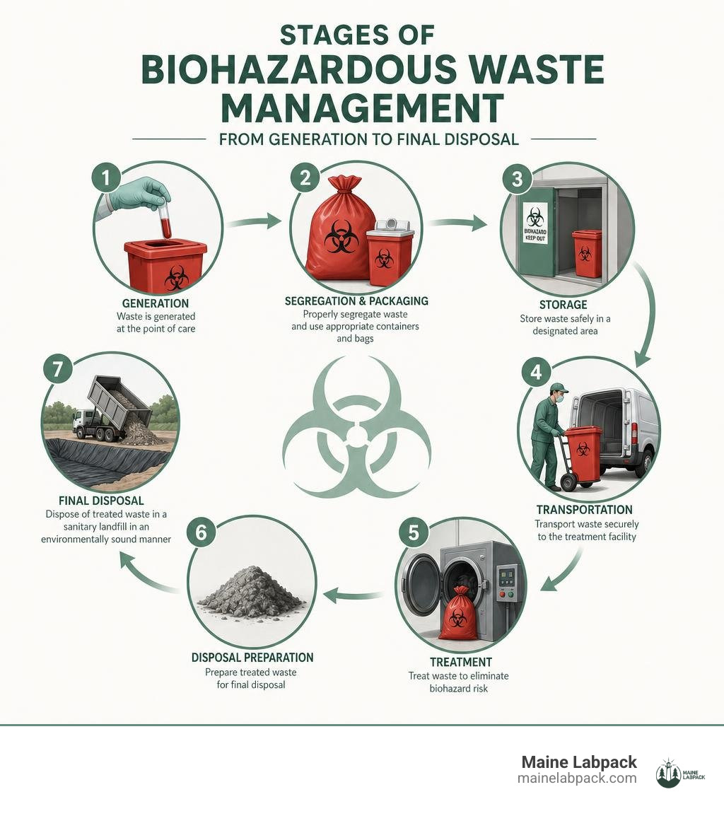 Stages of biohazardous waste management from generation to final disposal infographic Stages of biohazardous waste management from generation to final disposal infographic