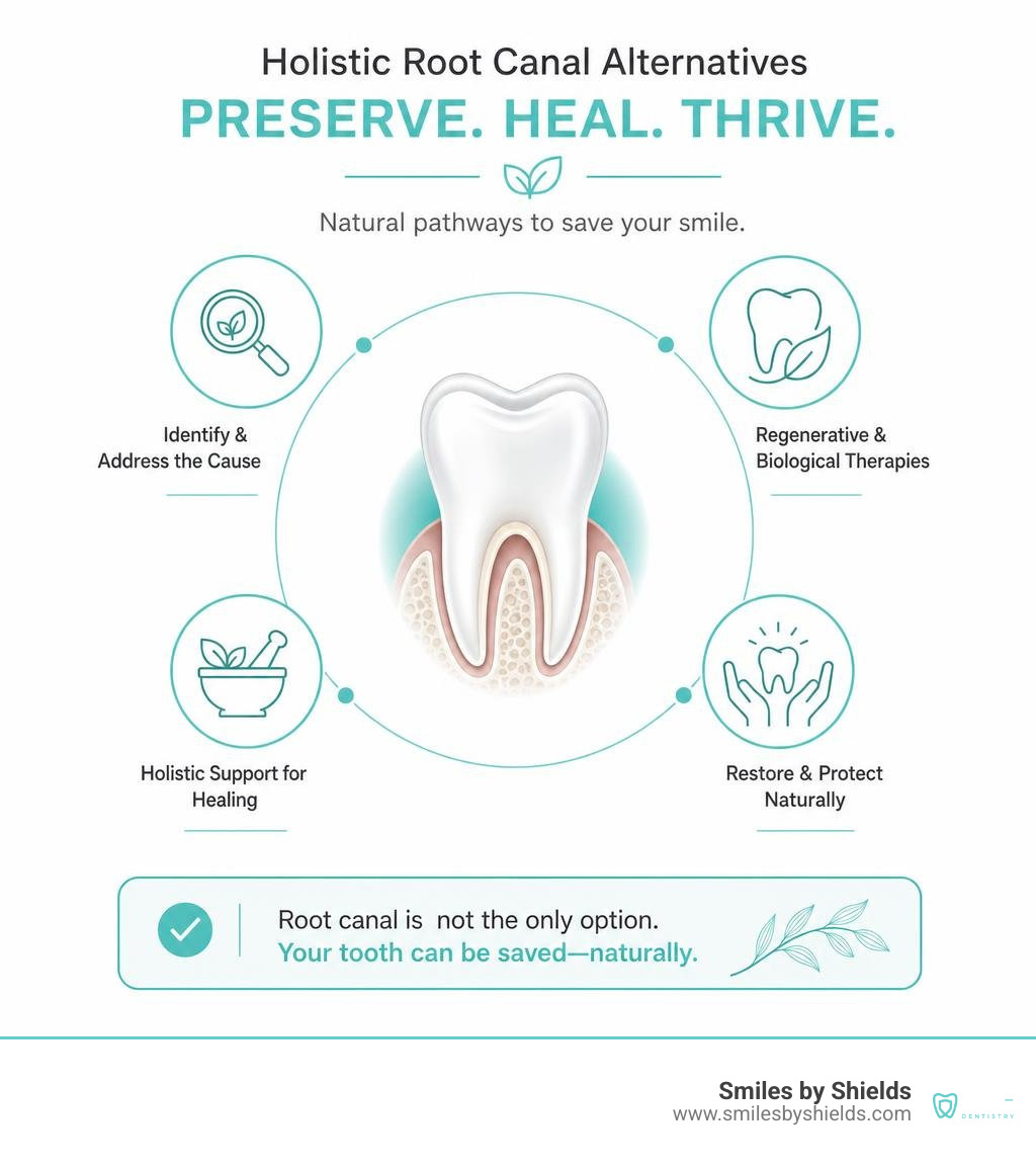 Holistic root canal alternatives overview — natural tooth preservation pathways and treatment options infographic
