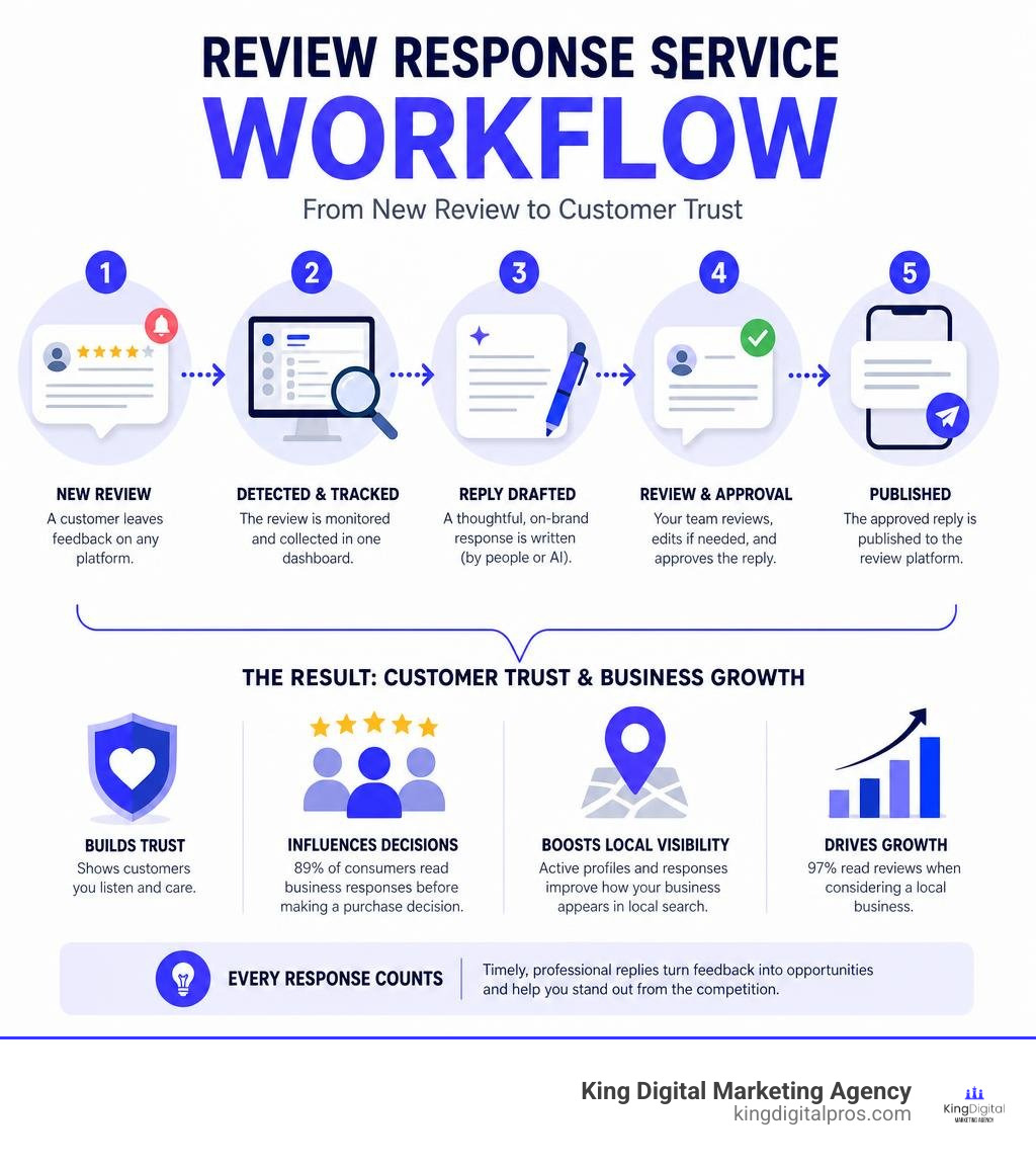 Clean review response service workflow infographic from new review to approved reply and customer trust infographic Clean Review Response Service Workflow Infographic From New Review To Approved Reply And Customer Trust Infographic