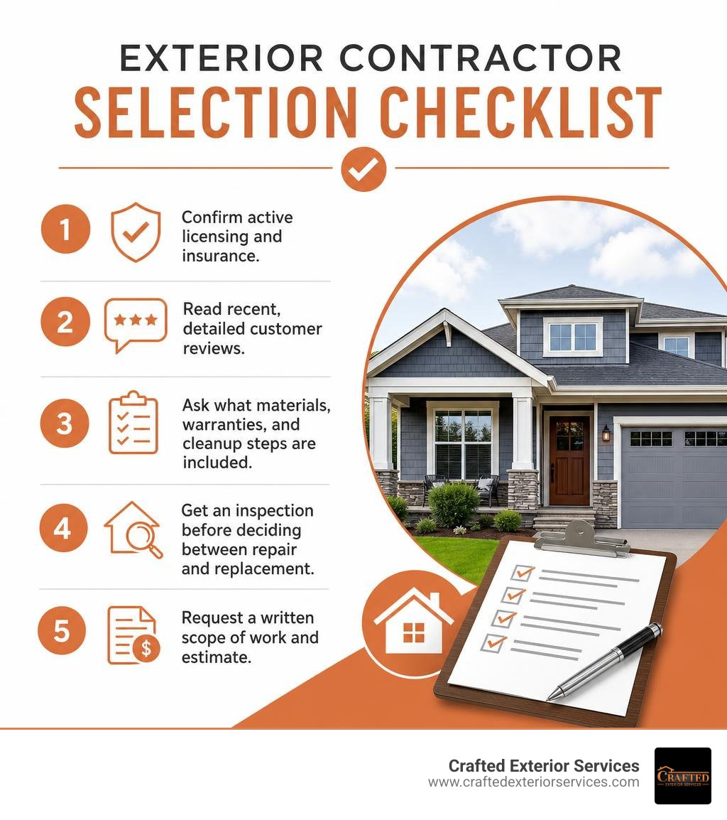 Exterior contractor selection checklist infographic Exterior contractor selection checklist infographic