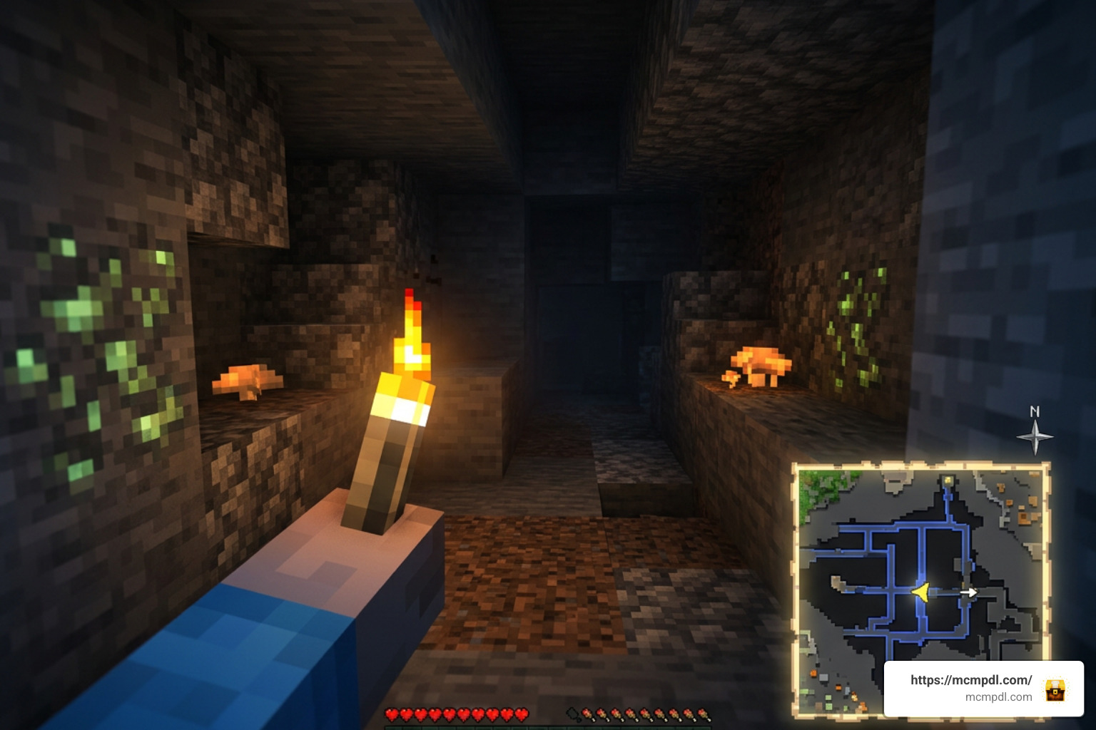 Player navigating deep caves with custom on-screen map HUD