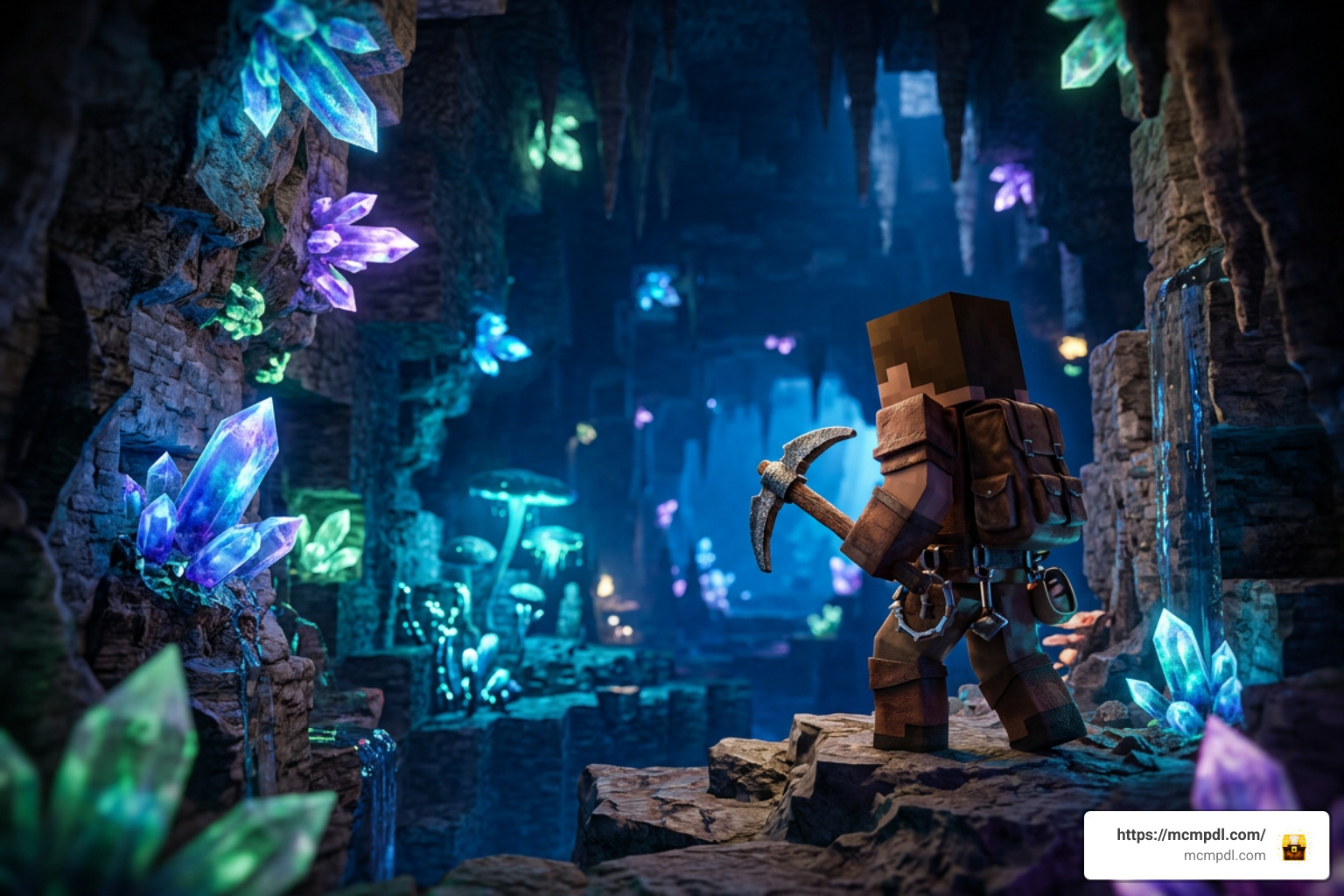 Minecraft Bedrock player exploring a custom glowing cavern Minecraft Bedrock player exploring a custom glowing cavern