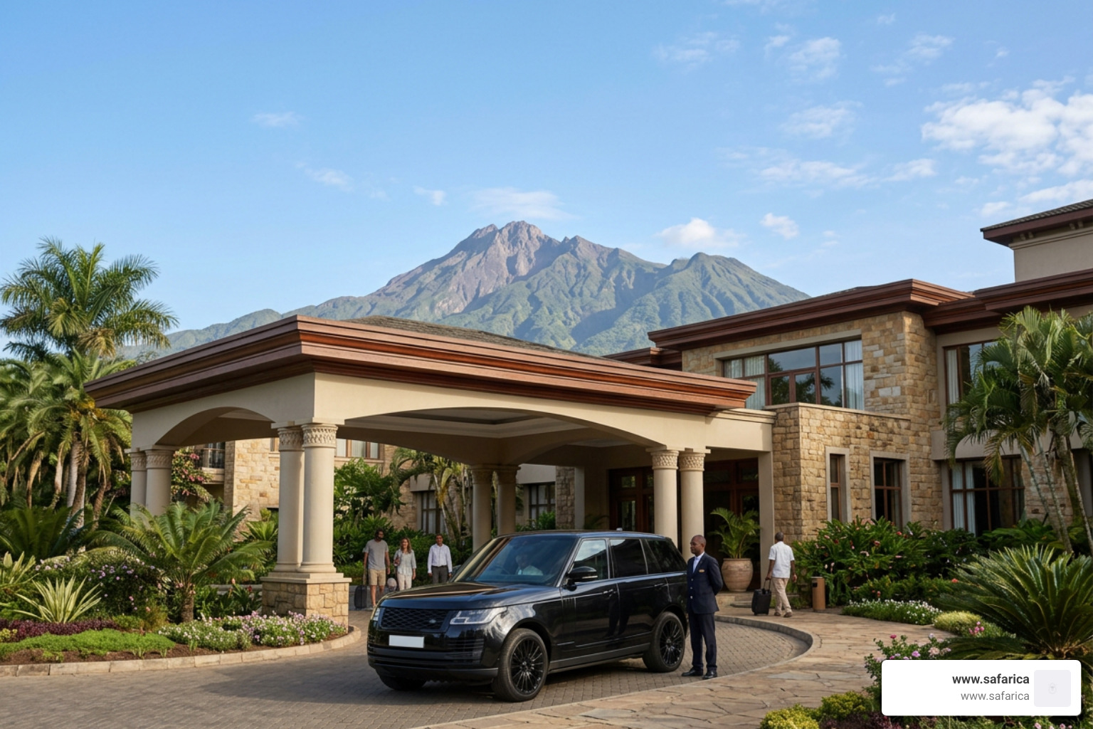Luxury transfer vehicle arriving at Gran Melia Arusha with Mount Meru backdrop