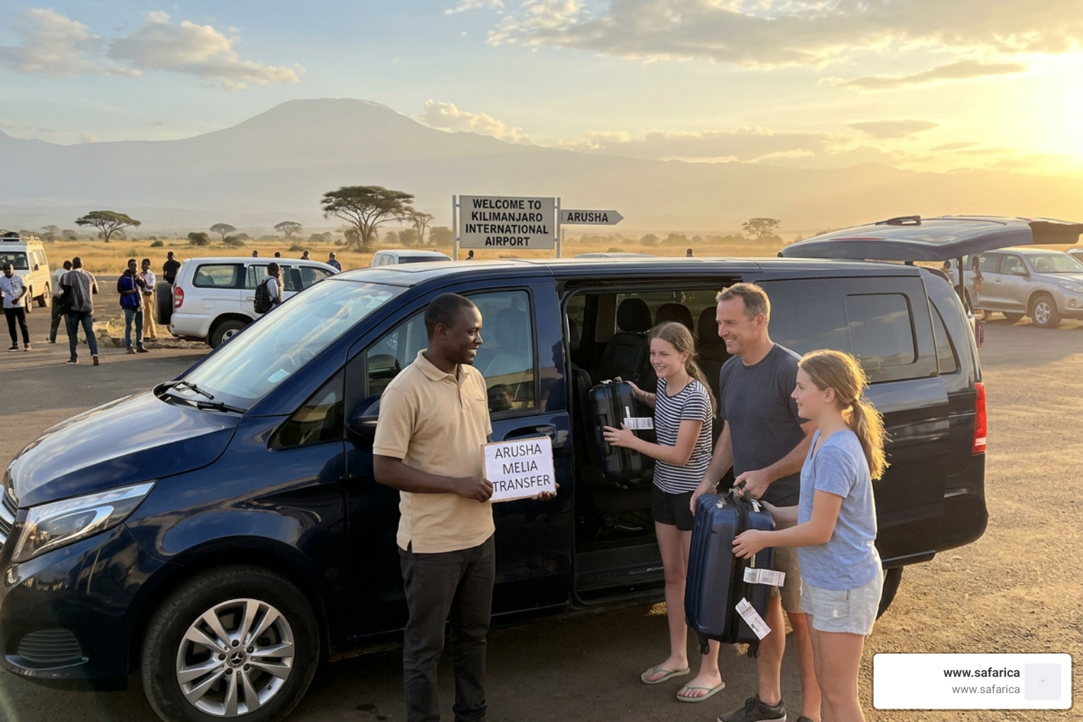 Driver holding a personalized arrival sign inside Kilimanjaro International Airport
