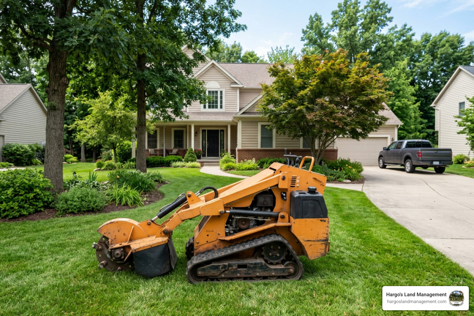 Rental stump grinder parked on a residential lawn Rental stump grinder parked on a residential lawn