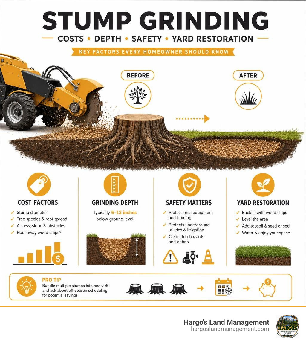 Stump grinding service costs depth safety and yard restoration factors infographic Stump grinding service costs depth safety and yard restoration factors infographic