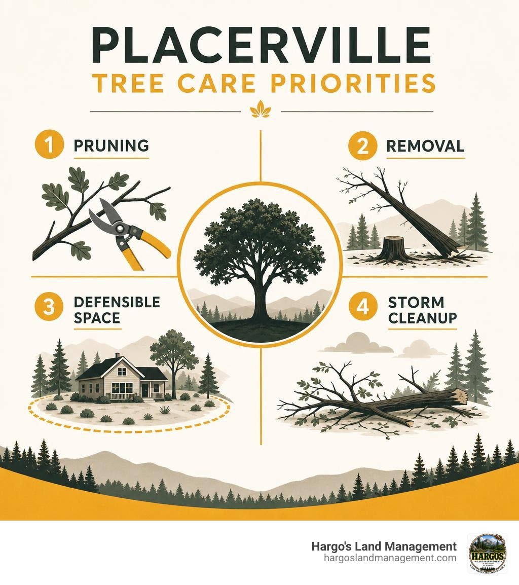 Placerville tree care priorities: pruning, removal, defensible space, and storm cleanup infographic
